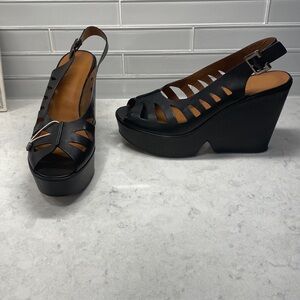 Robert Clergerie - Diane Black Leather Swingbacks Cutout Wedges